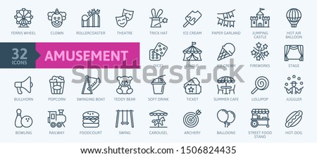 Amusement Park minimal thin line web icon set. Included the icons as Rollercoaster, Carousel, Ferros Wheel and more. Outline icons collection. Simple vector illustration.