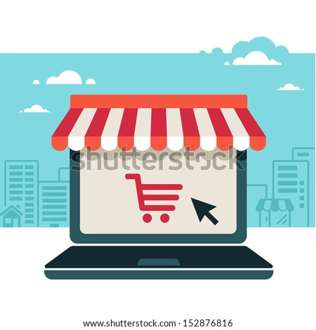 On line store. Sale, Laptop with awning 