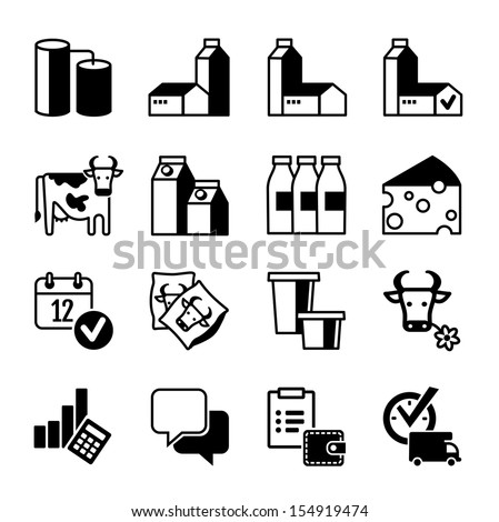 Set of icons for milk. Dairy products, production, range, service, sales, profits
