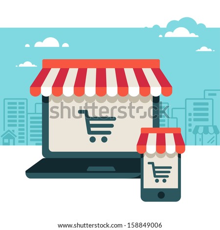 On line store. Sale, Laptop and smart phone with awning 