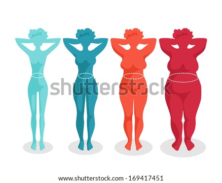 Fast-food and body. Ladies silhouettes with different body mass