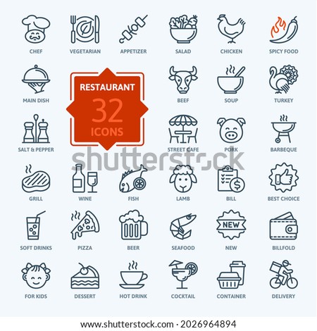 Restaurant cafe menu, food and drink - thin line web icon set. Outline icons collection. Simple vector illustration.