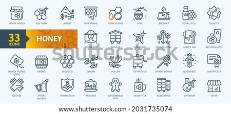 Honey, Apiary, Beekeeping - thin line web icon set. Contains such Icons as Beekeeper, Beehives, Propolis, Bee Farm and more. Outline icons collection. Simple vector illustration.