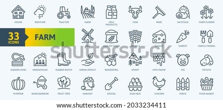 Farm, Farming, Agriculture - thin line web icon set. Contains such Icons as Greenhouse, Haystack, Harvest and more. Outline icons collection. Simple vector illustration.