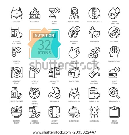 Web Set of Nutrition, Healthy food and Detox Diet Vector Thin Line Icons. Contains such Icons as Obesity, Caunt Calories, Palm oil free, Probiotics and more. Outline icons collection. Simple vector