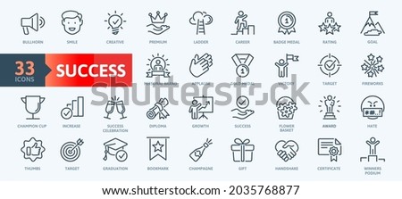 Web Set of Success, Goals and Target Related Vector Thin Line Icons. Contains such Icons as Achievment, Handshake, Victory and more. Outline icons collection. Simple vector illustration.