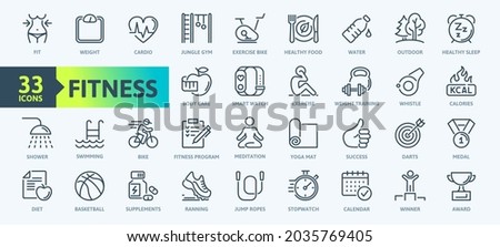 Web Set of Fittness Vector Thin Line Icons. Contains such Icons as Healthy Lifestyle, Weight Training, Body care and more. Outline icons collection. Simple vector illustration.