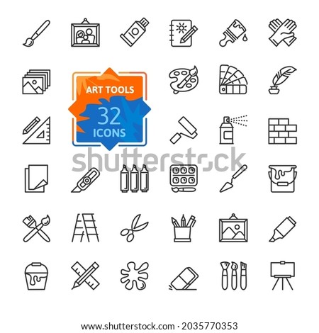 Paint art tools, design - thin line web icon set. Contains such Icons as Spray, Color palette, Paint Bucket and more. Outline icons collection. Simple vector illustration.