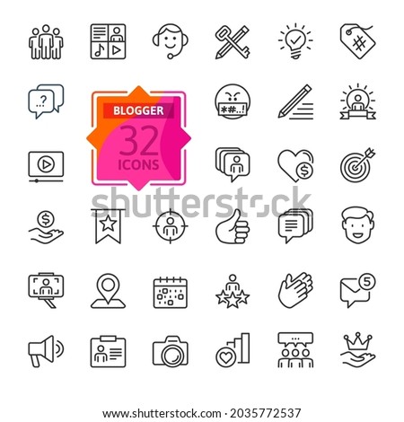 Blogger, blogging, blog -  thin line web icon set. Contains such Icons as Premium Content, Followers, Personal Brand and more. Outline icons collection. Outline icons collection. Simple vector illustr