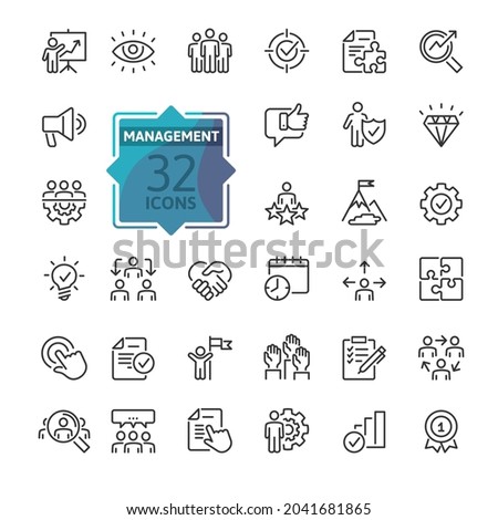 Business Management Outline Icon Collection. Thin Line Set contains such Icons as Vision, Mission, Values, Human Resource, Team, Experience and more. Simple web icons set.