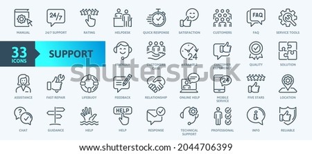 Customer Service and Support - Outline Icon Collection. Thin Line Set contains such Icons as Online Help, Helpdesk, Quick Response, Feedback and more. Simple web icons set. Foto stock © 