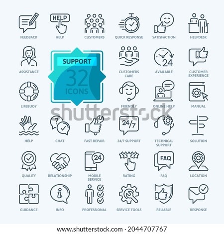 Customers support Outline Icon Collection. Thin Line Set contains such Icons as Vision, Mission, Values, Human Resource, Experience and more. Simple web icons set.