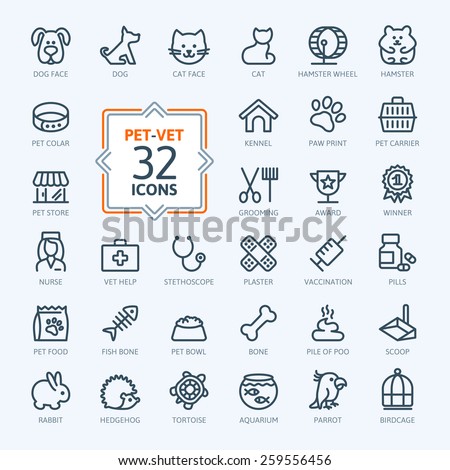 Outline web icon set - pet, vet, pet shop, types of pets 