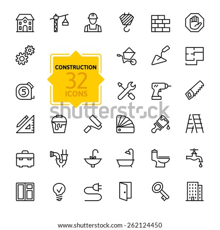 Outline web icons set - building, construction and home repair tools 