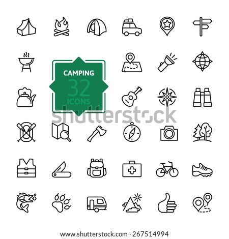 Outline web icon set - summer camping, outdoor, travel.