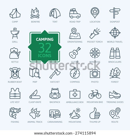 Outline icon set - summer camping, outdoor, travel.