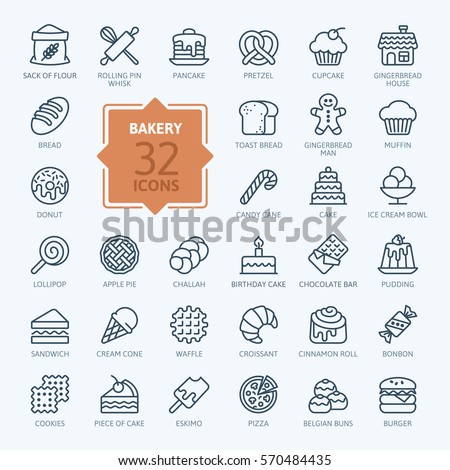 Bakery icon set - outline icon collection, vector