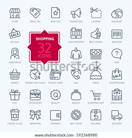 Shopping malls, retail - outline web icon collection, vector, thin line icons collection