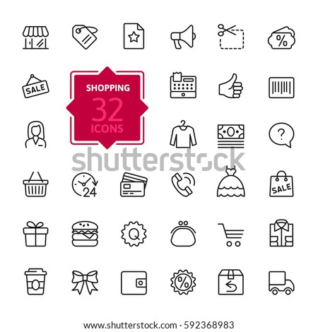 Shopping malls, retail - outline web icon collection, vector, thin line icons collection