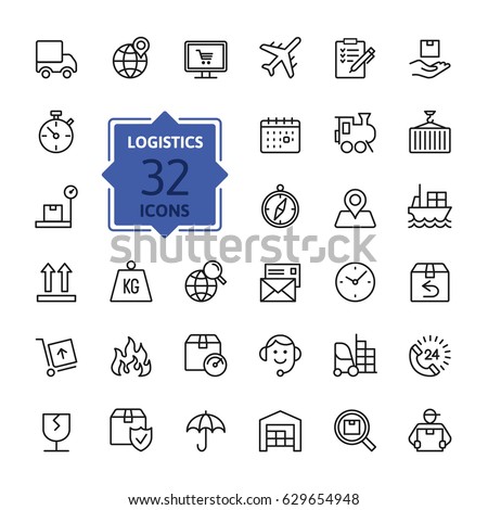 Logistics, delivery, transportation - outline web icon set, vector, thin line icons collection