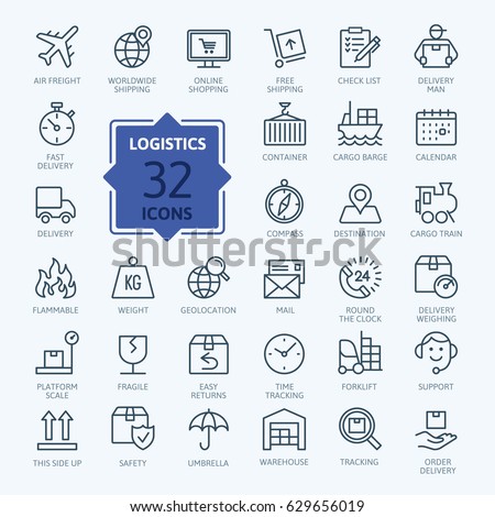Logistics, delivery, transportation - outline web icon set, vector, thin line icons collection