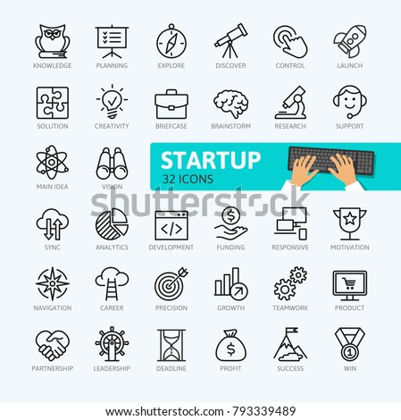 Startup project and development elements - minimal thin line web icon set. Outline icons collection. Simple vector illustration.