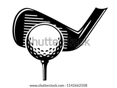 Golf ball with tee and iron / black and white / vector / icon