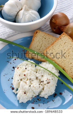 Cottage cheese, healthy breakfast . Sandwiches with toasted bread and cheese stacked on a white saucer blue