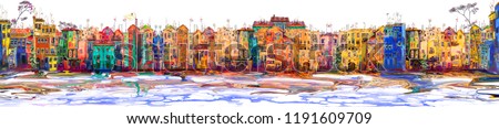 Isolated panorama of colorful town near the sea. Oil painting cityscape.