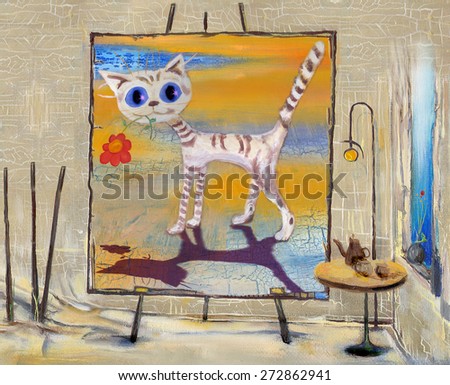 The cat on canvas in my workshop