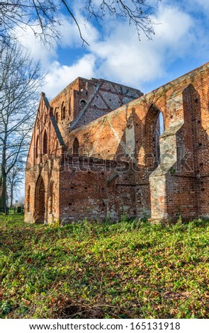 Gothic ruins of the Church, destroyed by fire, located on Zulawy, Poland