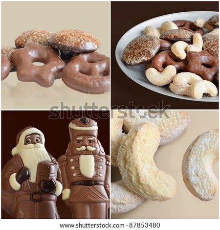 sweet Christmas composition showing Nüremberger lebkuchen, a plate of traditional German cookies, chocolate figurines and traditional Vanillekipferl