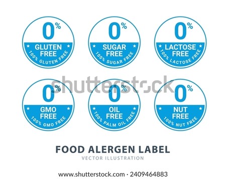 Six Labels of Food Allergen. Gluten, sugar, lactose, etc in half filled circle