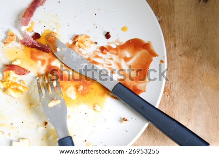 dirty plate with knife and fork.