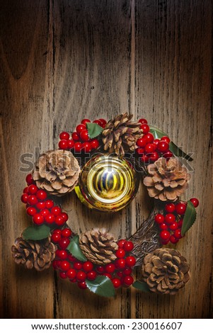 Christmas wreath on wooden door decoration