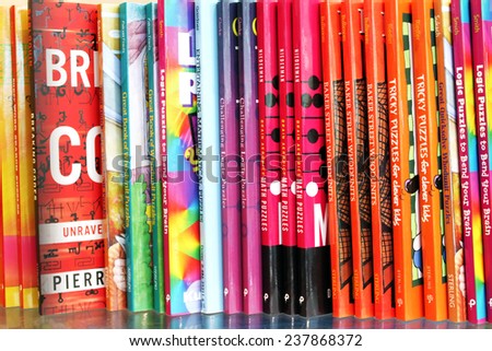 TORONTO, CANADA - NOVEMBER 02, 2014: Close up of a variety of children puzzle books on display in a bookstore on November 02, 2014 in Toronto, Ontario, Canada.