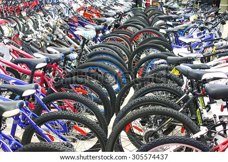 TORONTO, CANADA - JANUARY 16, 2015 : Variety of bicycles in a bike shop on January 16, 2015.