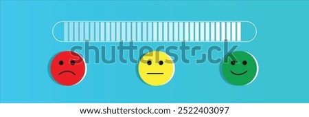 A vector illustration of a mood meter with three emoji faces: red sad, yellow neutral, and green happy, representing different emotional states. A slider bar is positioned on a blue background for rat