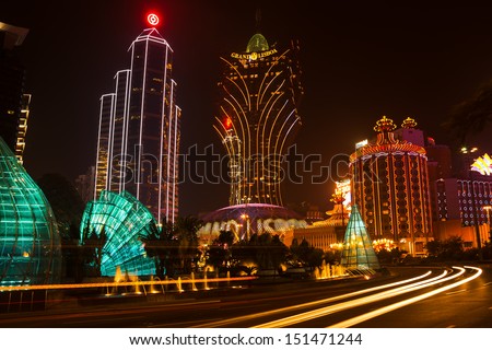 MACAU - OCTOBER, 26: night view of the Grand Lisboa Casino, is seen on October 26, 2012 in Macau, China. Macau is gambling center of Asia and one of  world\'s top gambling destinations. Canon 5D Mk II.