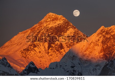 Majesty of nature. Golden pyramid of Mount Everest (8,848 m) at sunset on a full moon. Canon 5D MK II.
