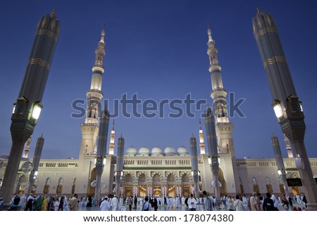 MEDINA, SAUDI ARABIA - APRIL 20: Al-Masjid An-Nabawi often called the Prophet Mosque is second holiest site in Islam and is one of the largest mosques on earth, 20 April 2013 in Medina, Saudi Arabia.