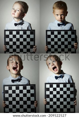 Beauty collage. Faces of child. Fashion photo of little boy with chessboard. Emotion