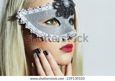 Beautiful Blond Woman in Carnival Mask.Masquerade. Sexy Girl. Lovely.Manicure.Nail design