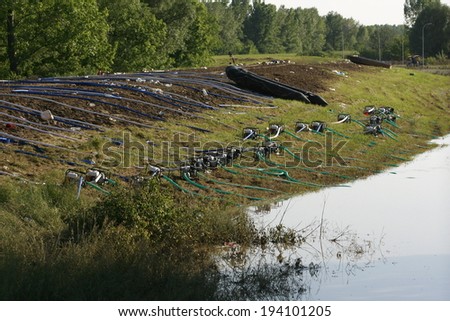 OBRENOVAC, SERBIA - MAY 21: Water pumps in Obrenovac under water. The water level of Sava River remains high in worst flooding on record across the Balkans on may 21, 2014
