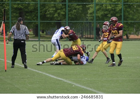 Belgrade, Serbia - May 05, 2014: Team the Wolves in action. American Football Match Between Belgrade Wolves And Blue Dragon in Belgrade. The Wolves team is winner.