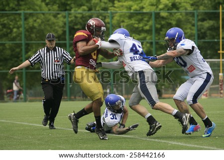 Belgrade, Serbia - May 05, 2014: Team the Wolves in action. American Football Match Between Belgrade Wolves And Blue Dragon in Belgrade. The Wolves team is winner.
