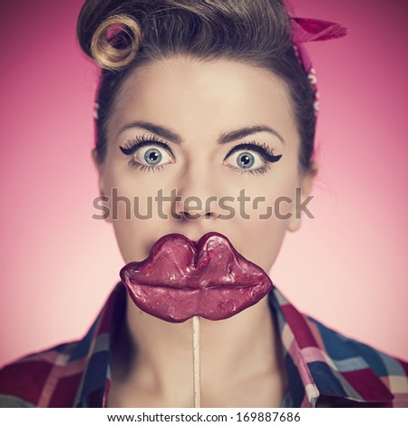 Beautiful pin-up girl with funny mouth