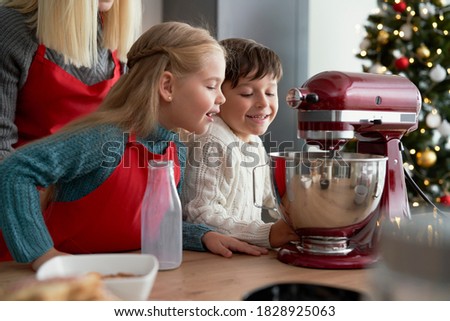 Similar – Image, Stock Photo Cheerful siblings mixing dough together in kitchen