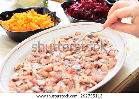 Ingredients for preparing russian traditional salad \'herring under fur coat\'