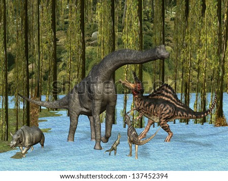 Dinosaurs Oil Painting Jurassic dinosaurs in mossy swamp.  Three carnivores approach a herbivore as another herbivore makes a hasty exit from the scene.